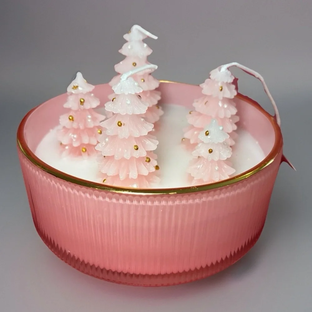 Sincerely Jules Pink Pine Trees Candle in Glass Dish Christmas Holiday Decor NWT